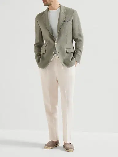 Brunello Cucinelli Men's Linen and Cotton Drill Trousers with Drawstring and Double Pleats | Thumbnail 6 Brunello Cucinelli Men's Linen and Cotton Drill Trousers with Drawstring and Double Pleats | Thumbnail 6