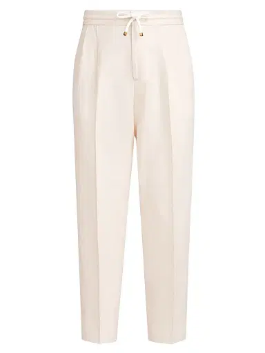 Brunello Cucinelli Men's Linen and Cotton Drill Trousers with Drawstring and Double Pleats | Thumbnail 1 Brunello Cucinelli Men's Linen and Cotton Drill Trousers with Drawstring and Double Pleats | Thumbnail 1
