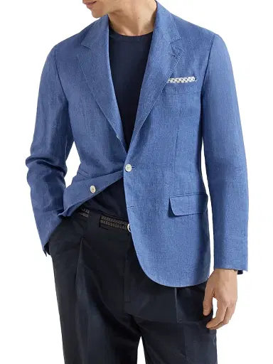 Brunello Cucinelli Men's Délavé Linen Deconstructed Blazer - Denim | Thumbnail 1 Brunello Cucinelli Men's Délavé Linen Deconstructed Blazer - Denim | Thumbnail 1