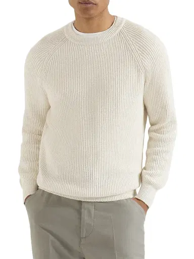 Brunello Cucinelli Men's Malfilé Cotton English Rib Sweater with Raglan Sleeves | Thumbnail 2 Brunello Cucinelli Men's Malfilé Cotton English Rib Sweater with Raglan Sleeves | Thumbnail 2