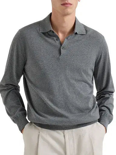 Brunello Cucinelli Men's Cotton Lightweight Knit Polo Shirt - Dark Grey | Thumbnail 2 Brunello Cucinelli Men's Cotton Lightweight Knit Polo Shirt - Dark Grey | Thumbnail 2