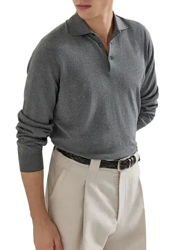 Brunello Cucinelli Men's Cotton Lightweight Knit Polo Shirt - Dark Grey | Thumbnail 5 Brunello Cucinelli Men's Cotton Lightweight Knit Polo Shirt - Dark Grey | Thumbnail 5
