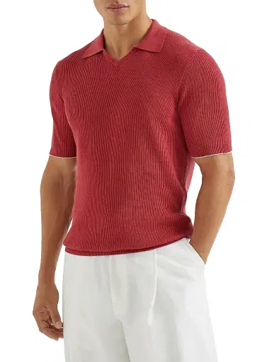 Brunello Cucinelli Men's Cotton English Rib Knit Polo Shirt | Thumbnail 2 Brunello Cucinelli Men's Cotton English Rib Knit Polo Shirt | Thumbnail 2