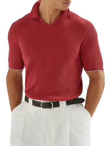 Brunello Cucinelli Men's Cotton English Rib Knit Polo Shirt | Thumbnail 5 Brunello Cucinelli Men's Cotton English Rib Knit Polo Shirt | Thumbnail 5