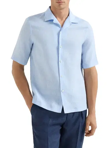 Brunello Cucinelli Men's Linen Easy Fit Short Sleeve Shirt with Camp Collar - Azure | Thumbnail 2 Brunello Cucinelli Men's Linen Easy Fit Short Sleeve Shirt with Camp Collar - Azure | Thumbnail 2