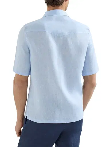 Brunello Cucinelli Men's Linen Easy Fit Short Sleeve Shirt with Camp Collar - Azure | Thumbnail 3 Brunello Cucinelli Men's Linen Easy Fit Short Sleeve Shirt with Camp Collar - Azure | Thumbnail 3