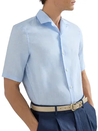 Brunello Cucinelli Men's Linen Easy Fit Short Sleeve Shirt with Camp Collar - Azure | Thumbnail 4 Brunello Cucinelli Men's Linen Easy Fit Short Sleeve Shirt with Camp Collar - Azure | Thumbnail 4