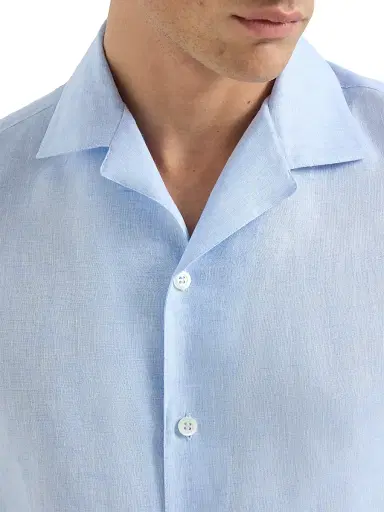 Brunello Cucinelli Men's Linen Easy Fit Short Sleeve Shirt with Camp Collar - Azure | Thumbnail 5 Brunello Cucinelli Men's Linen Easy Fit Short Sleeve Shirt with Camp Collar - Azure | Thumbnail 5
