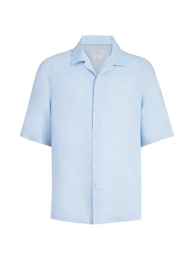 Brunello Cucinelli Men's Linen Easy Fit Short Sleeve Shirt with Camp Collar - Azure | Thumbnail 1 Brunello Cucinelli Men's Linen Easy Fit Short Sleeve Shirt with Camp Collar - Azure | Thumbnail 1