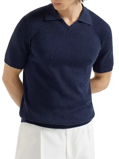Brunello Cucinelli Men's Cotton English Rib Knit Polo Shirt | Thumbnail 2 Brunello Cucinelli Men's Cotton English Rib Knit Polo Shirt | Thumbnail 2