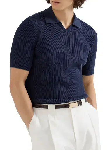 Brunello Cucinelli Men's Cotton English Rib Knit Polo Shirt | Thumbnail 5 Brunello Cucinelli Men's Cotton English Rib Knit Polo Shirt | Thumbnail 5