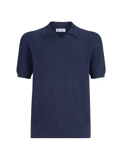 Brunello Cucinelli Men's Cotton English Rib Knit Polo Shirt | Thumbnail 1 Brunello Cucinelli Men's Cotton English Rib Knit Polo Shirt | Thumbnail 1