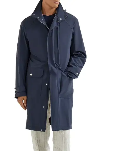 Brunello Cucinelli Men's Bonded Nylon Unlined Parka with Detachable Hood - Navy Blue | Thumbnail 2 Brunello Cucinelli Men's Bonded Nylon Unlined Parka with Detachable Hood - Navy Blue | Thumbnail 2