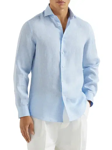 Brunello Cucinelli Men's Linen Easy Fit Shirt with Spread Collar | Thumbnail 2 Brunello Cucinelli Men's Linen Easy Fit Shirt with Spread Collar | Thumbnail 2