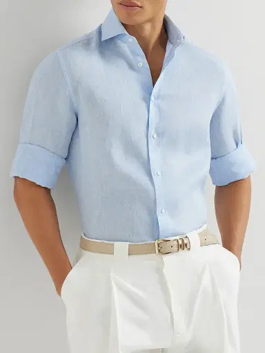Brunello Cucinelli Men's Linen Easy Fit Shirt with Spread Collar | Thumbnail 5 Brunello Cucinelli Men's Linen Easy Fit Shirt with Spread Collar | Thumbnail 5