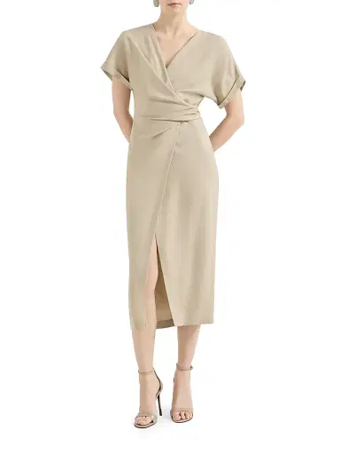 Brunello Cucinelli Women's Viscose and Linen Fluid Twill Wrap Effect Dress with Monili | Thumbnail 2 Brunello Cucinelli Women's Viscose and Linen Fluid Twill Wrap Effect Dress with Monili | Thumbnail 2