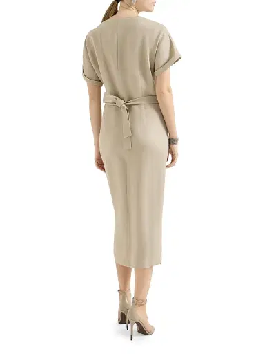 Brunello Cucinelli Women's Viscose and Linen Fluid Twill Wrap Effect Dress with Monili | Thumbnail 3 Brunello Cucinelli Women's Viscose and Linen Fluid Twill Wrap Effect Dress with Monili | Thumbnail 3