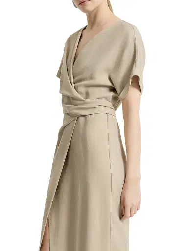 Brunello Cucinelli Women's Viscose and Linen Fluid Twill Wrap Effect Dress with Monili | Thumbnail 4 Brunello Cucinelli Women's Viscose and Linen Fluid Twill Wrap Effect Dress with Monili | Thumbnail 4