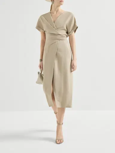Brunello Cucinelli Women's Viscose and Linen Fluid Twill Wrap Effect Dress with Monili | Thumbnail 6 Brunello Cucinelli Women's Viscose and Linen Fluid Twill Wrap Effect Dress with Monili | Thumbnail 6