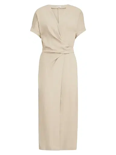 Brunello Cucinelli Women's Viscose and Linen Fluid Twill Wrap Effect Dress with Monili | Thumbnail 1 Brunello Cucinelli Women's Viscose and Linen Fluid Twill Wrap Effect Dress with Monili | Thumbnail 1