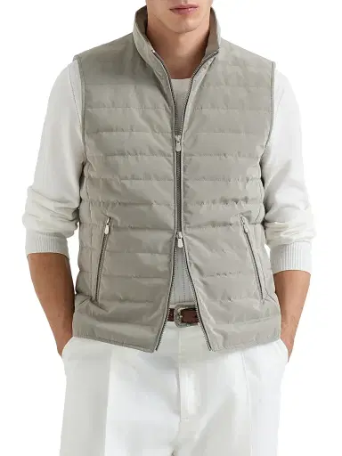 Brunello Cucinelli Men's Bonded Nylon Down Vest - Khaki | Thumbnail 2 Brunello Cucinelli Men's Bonded Nylon Down Vest - Khaki | Thumbnail 2