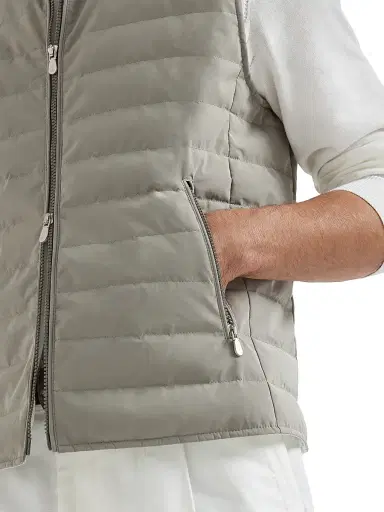 Brunello Cucinelli Men's Bonded Nylon Down Vest - Khaki | Thumbnail 4 Brunello Cucinelli Men's Bonded Nylon Down Vest - Khaki | Thumbnail 4