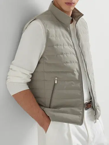 Brunello Cucinelli Men's Bonded Nylon Down Vest - Khaki | Thumbnail 5 Brunello Cucinelli Men's Bonded Nylon Down Vest - Khaki | Thumbnail 5