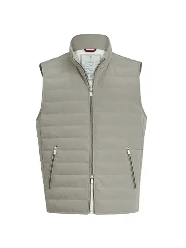 Brunello Cucinelli Men's Bonded Nylon Down Vest - Khaki | Thumbnail 1 Brunello Cucinelli Men's Bonded Nylon Down Vest - Khaki | Thumbnail 1