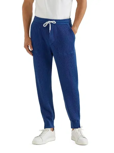 Brunello Cucinelli Men's Cotton English Rib Knit Trousers with Zipper Cuffs - Avio Blue | Thumbnail 2 Brunello Cucinelli Men's Cotton English Rib Knit Trousers with Zipper Cuffs - Avio Blue | Thumbnail 2