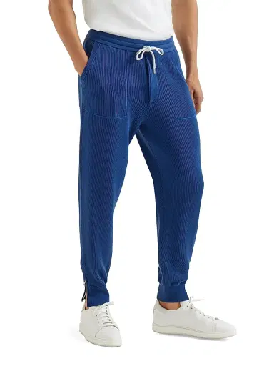 Brunello Cucinelli Men's Cotton English Rib Knit Trousers with Zipper Cuffs - Avio Blue | Thumbnail 5 Brunello Cucinelli Men's Cotton English Rib Knit Trousers with Zipper Cuffs - Avio Blue | Thumbnail 5