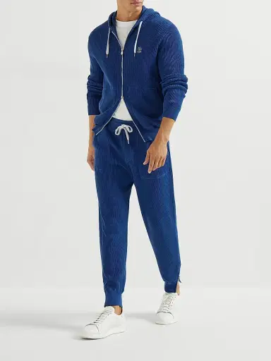 Brunello Cucinelli Men's Cotton English Rib Knit Trousers with Zipper Cuffs - Avio Blue | Thumbnail 6 Brunello Cucinelli Men's Cotton English Rib Knit Trousers with Zipper Cuffs - Avio Blue | Thumbnail 6