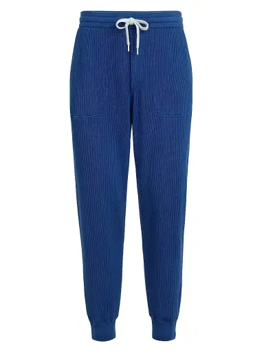 Brunello Cucinelli Men's Cotton English Rib Knit Trousers with Zipper Cuffs - Avio Blue | Thumbnail 1 Brunello Cucinelli Men's Cotton English Rib Knit Trousers with Zipper Cuffs - Avio Blue | Thumbnail 1