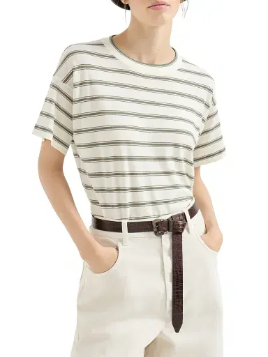 Brunello Cucinelli Women's Virgin Wool & Cashmere Lightweight Sparkling Stripe Knit T-Shirt - Panama | Thumbnail 5 Brunello Cucinelli Women's Virgin Wool & Cashmere Lightweight Sparkling Stripe Knit T-Shirt - Panama | Thumbnail 5