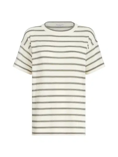 Brunello Cucinelli Women's Virgin Wool & Cashmere Lightweight Sparkling Stripe Knit T-Shirt - Panama | Thumbnail 1 Brunello Cucinelli Women's Virgin Wool & Cashmere Lightweight Sparkling Stripe Knit T-Shirt - Panama | Thumbnail 1