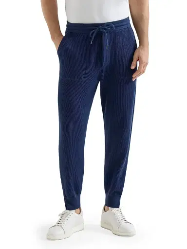 Brunello Cucinelli Men's Cotton English Rib Knit Trousers with Zipper Cuffs - Blue | Thumbnail 2 Brunello Cucinelli Men's Cotton English Rib Knit Trousers with Zipper Cuffs - Blue | Thumbnail 2