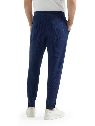 Brunello Cucinelli Men's Cotton English Rib Knit Trousers with Zipper Cuffs - Blue | Thumbnail 3 Brunello Cucinelli Men's Cotton English Rib Knit Trousers with Zipper Cuffs - Blue | Thumbnail 3