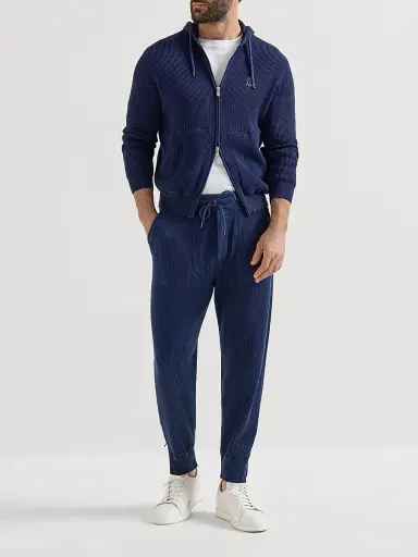 Brunello Cucinelli Men's Cotton English Rib Knit Trousers with Zipper Cuffs - Blue | Thumbnail 6 Brunello Cucinelli Men's Cotton English Rib Knit Trousers with Zipper Cuffs - Blue | Thumbnail 6