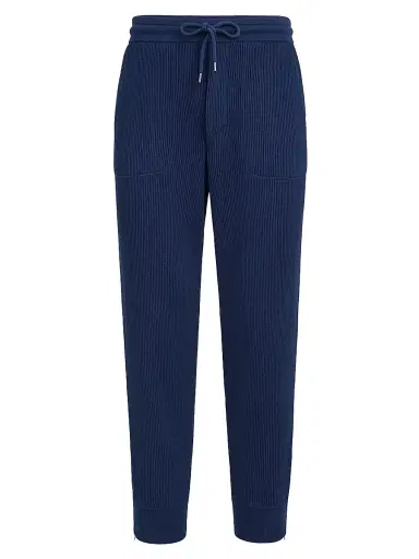 Brunello Cucinelli Men's Cotton English Rib Knit Trousers with Zipper Cuffs - Blue | Thumbnail 1 Brunello Cucinelli Men's Cotton English Rib Knit Trousers with Zipper Cuffs - Blue | Thumbnail 1