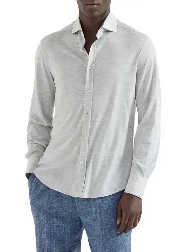 Brunello Cucinelli Men's Silk and Cotton Jersey Shirt with Spread Collar - Pearl Grey | Thumbnail 2 Brunello Cucinelli Men's Silk and Cotton Jersey Shirt with Spread Collar - Pearl Grey | Thumbnail 2