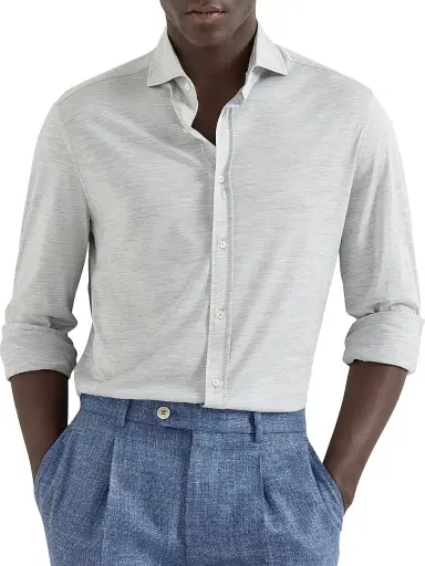 Brunello Cucinelli Men's Silk and Cotton Jersey Shirt with Spread Collar - Pearl Grey | Thumbnail 5 Brunello Cucinelli Men's Silk and Cotton Jersey Shirt with Spread Collar - Pearl Grey | Thumbnail 5
