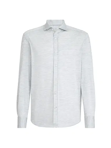 Brunello Cucinelli Men's Silk and Cotton Jersey Shirt with Spread Collar - Pearl Grey | Thumbnail 1 Brunello Cucinelli Men's Silk and Cotton Jersey Shirt with Spread Collar - Pearl Grey | Thumbnail 1