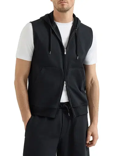 Brunello Cucinelli Men's Techno Cotton French Terry Sleeveless Sweatshirt with Zipper and Hood - Black | Thumbnail 2 Brunello Cucinelli Men's Techno Cotton French Terry Sleeveless Sweatshirt with Zipper and Hood - Black | Thumbnail 2