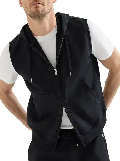 Brunello Cucinelli Men's Techno Cotton French Terry Sleeveless Sweatshirt with Zipper and Hood - Black | Thumbnail 4 Brunello Cucinelli Men's Techno Cotton French Terry Sleeveless Sweatshirt with Zipper and Hood - Black | Thumbnail 4