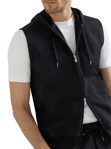 Brunello Cucinelli Men's Techno Cotton French Terry Sleeveless Sweatshirt with Zipper and Hood - Black | Thumbnail 5 Brunello Cucinelli Men's Techno Cotton French Terry Sleeveless Sweatshirt with Zipper and Hood - Black | Thumbnail 5