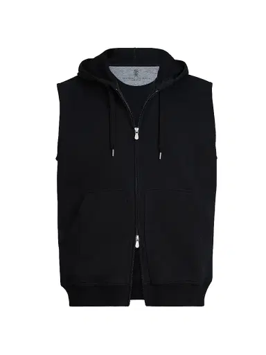Brunello Cucinelli Men's Techno Cotton French Terry Sleeveless Sweatshirt with Zipper and Hood - Black | Thumbnail 1 Brunello Cucinelli Men's Techno Cotton French Terry Sleeveless Sweatshirt with Zipper and Hood - Black | Thumbnail 1