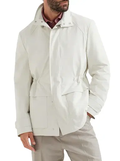 Brunello Cucinelli Men's Bonded Nylon Unlined Field Jacket - Off White | Thumbnail 2 Brunello Cucinelli Men's Bonded Nylon Unlined Field Jacket - Off White | Thumbnail 2