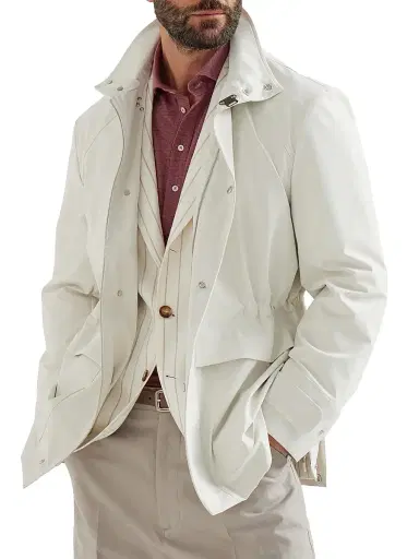 Brunello Cucinelli Men's Bonded Nylon Unlined Field Jacket - Off White | Thumbnail 5 Brunello Cucinelli Men's Bonded Nylon Unlined Field Jacket - Off White | Thumbnail 5