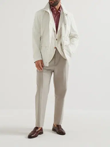 Brunello Cucinelli Men's Bonded Nylon Unlined Field Jacket - Off White | Thumbnail 6 Brunello Cucinelli Men's Bonded Nylon Unlined Field Jacket - Off White | Thumbnail 6