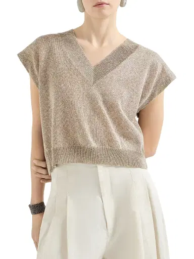 Brunello Cucinelli Women's Linen and Cotton Diamond Yarn Sweater - Light Brown | Thumbnail 2 Brunello Cucinelli Women's Linen and Cotton Diamond Yarn Sweater - Light Brown | Thumbnail 2