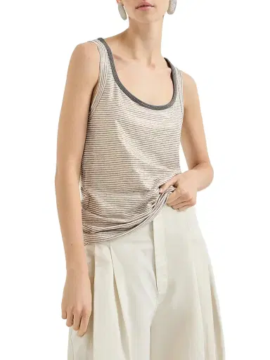 Brunello Cucinelli Women's Striped Linen Lamé Jersey Top with Shiny Trim | Thumbnail 2 Brunello Cucinelli Women's Striped Linen Lamé Jersey Top with Shiny Trim | Thumbnail 2